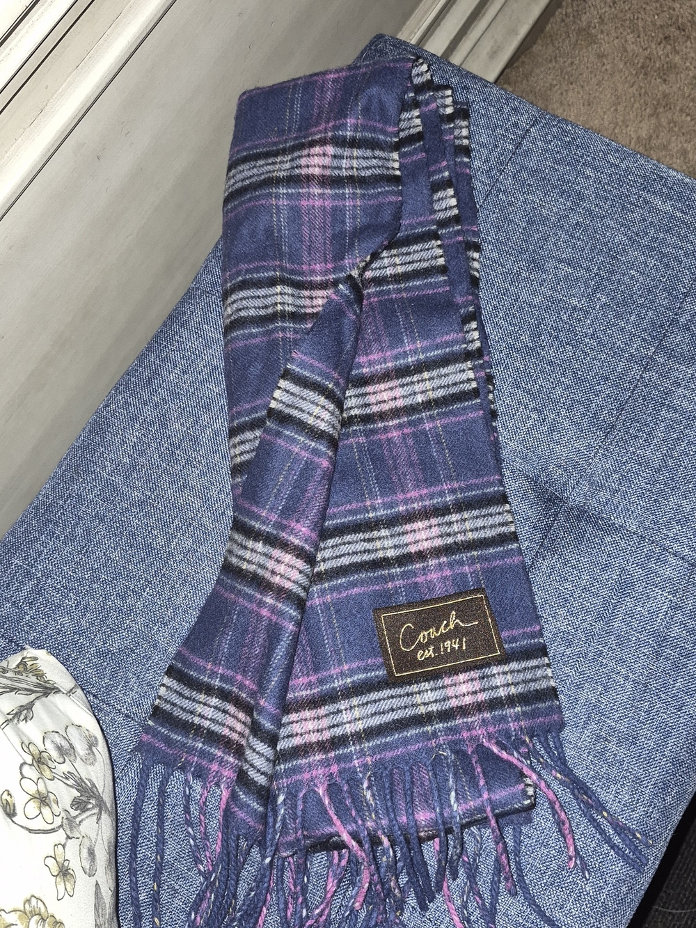 Coach Purple & Pink Plaid Fringe Scarf